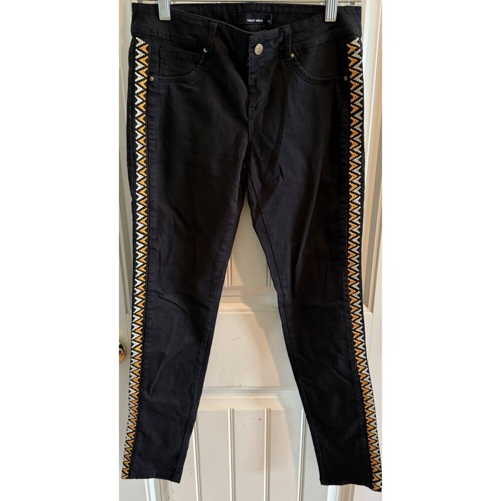 Tally Weijl Skinny Jeans Womens EU Size 40 Black Embroidered Stretch Denim
